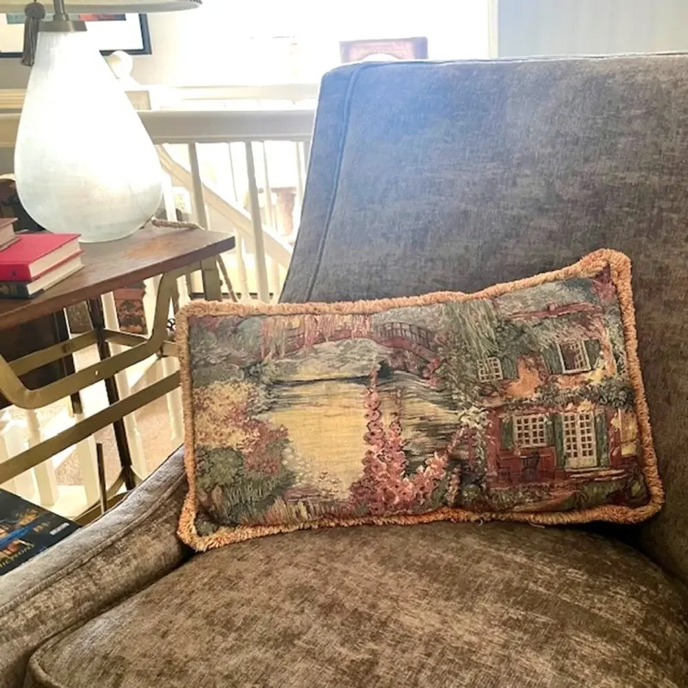 Vintage Tapestry Lumbar Pillow Cottage Garden Scenic Fringe Brown Back